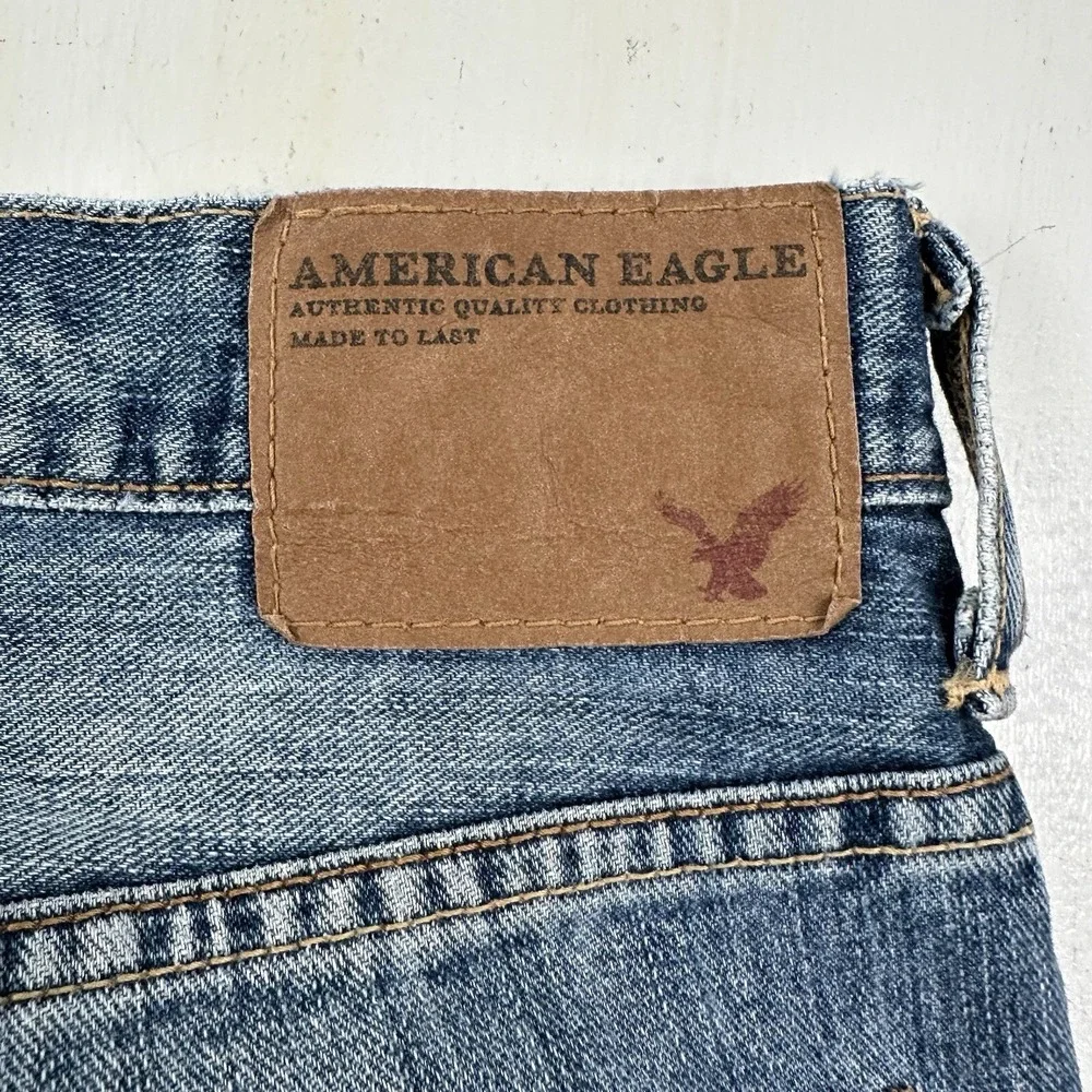Y2K American Eagle‎ Mens Low Loose Jeans 31x30 Blue Light Wash Distressed Denim